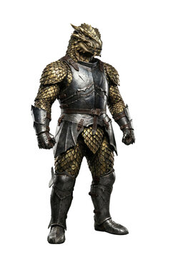 Dragonborn warrior in plate armor isolated. Fantasy rpg character.