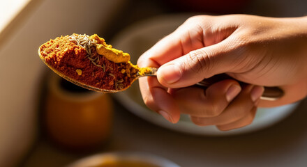 Hand Holding Spoon with Vibrant Aromatic Spices for Culinary Preparation