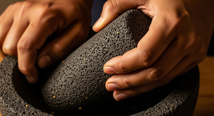 Close-Up of Hands Grinding Spices in a Traditional Stone Molcajete