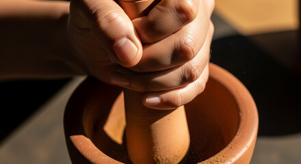 Close-up of Hand Grinding Spices in Traditional Terracotta Mortar and Pestle