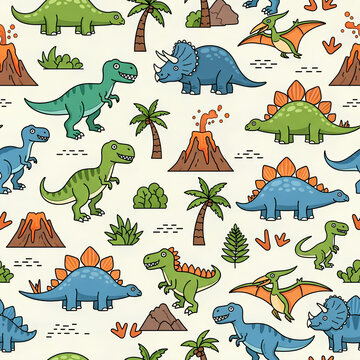 Dinosaur Adventure A Seamless Pattern of Prehistoric Creatures.
