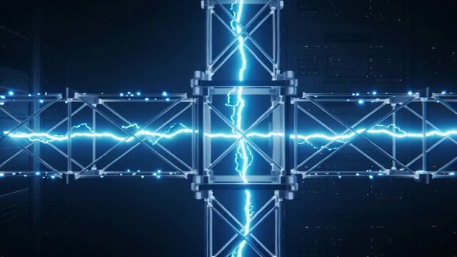 Energizing central metallic truss pulsing blue plasma along crossbeam for testing in dark lab
