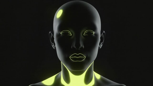 Starting animation showing bald 3D head shifting neon masks on face, chest against black bg mapping
