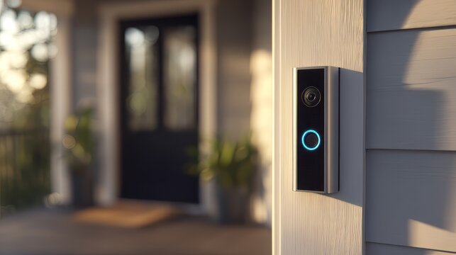 Modern smart video doorbell installed on exterior home siding showcasing security technology with a glowing blue notification ring near the entrance.