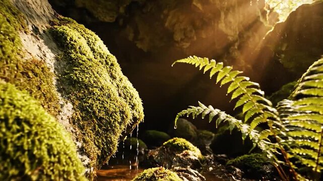 Sunbeams illuminate a lush green fern in a mossy forest cave.