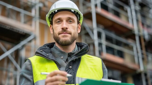Smiling construction supervisor with clipboard at building site scaffolding