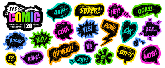 Naklejka na ściany i meble Comic bubble Pop collage sticker set. Boom, wow pow, bang text. Speech box with scrapbook cutout effect. Doodle comic pop icon. Y2k cartoon wow bomb boom collage. Vector onomatopoeia art. Talk balloon