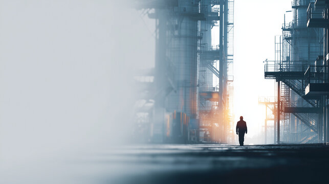 industrial worker silhouette walking through oil refinery at sunset, smart manufacturing and safety management systems concept, futuristic esg industrial facility hero image