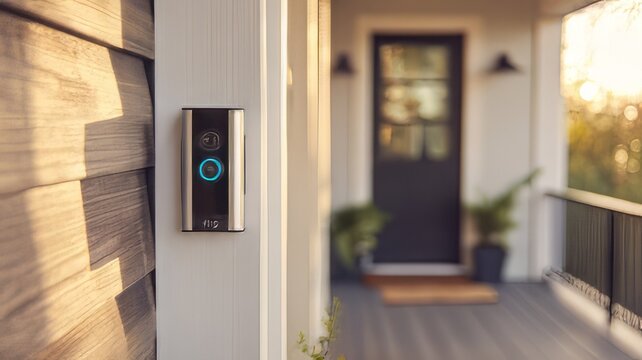 Modern wireless video doorbell installed securely next to the siding on a residential porch illuminated by warm afternoon sunlight creating inviting entryway ambiance
