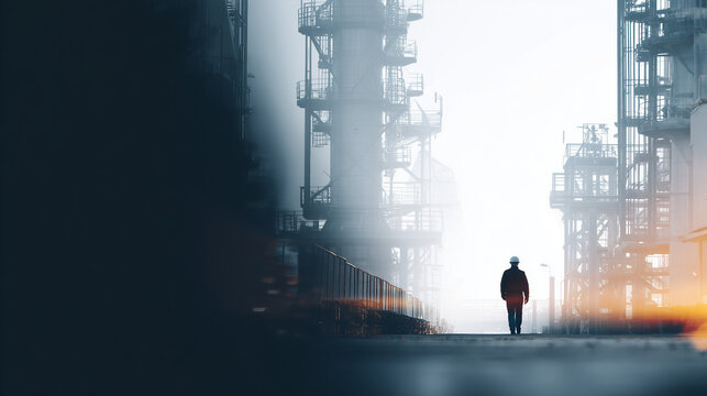 industrial worker silhouette walking through oil refinery at sunset, smart manufacturing and safety management systems concept, futuristic esg industrial facility hero image