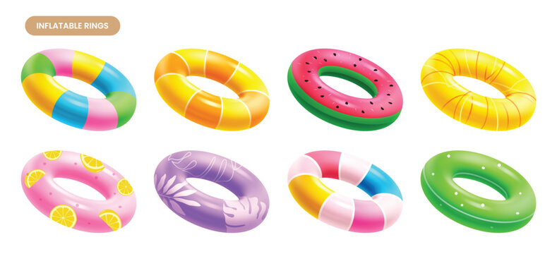 Collection of patterned inflatable swim rings shown from an isometric perspective. Realistic 3D lifebuoy set for summer vacation, pool parties, and beach fun. Vector illustration.