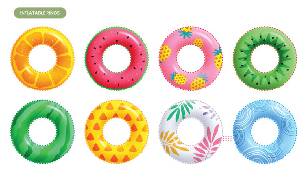 Summer inflatable ring collection featuring fruit patterns like watermelon, pineapple, kiwi, and citrus. Vibrant 3D swim float set for pool and beach vacation design. Vector illustration.