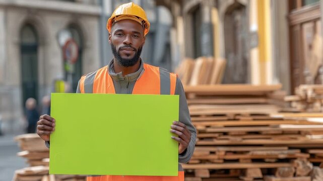 African American Builder Holding Green Blank Sign at Wood Site
