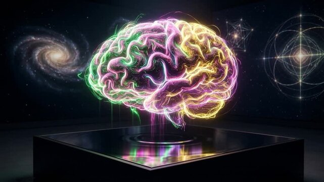 A glowing, neon-colored brain pulses with rainbow energy in a dark cosmic chamber, rippling on a reflective surface amid galaxies and sacred geometry