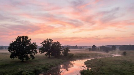 Fototapeta premium Serene landscape with a winding stream at sunrise or sunset.