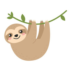 Naklejka premium Cute Sloth Hanging on Tree Branch Vine Flat Vector Illustration