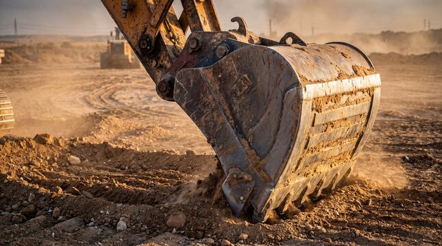 Close up of excavator bucket digging into dry earth. Heavy machinery at a dusty construction site. Industrial earthmoving and excavation work