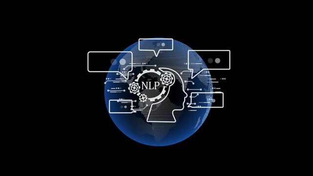 lobal NLP Technology and AI Communication Concept Featuring Robot Head, Gears, and Blue World Globe.