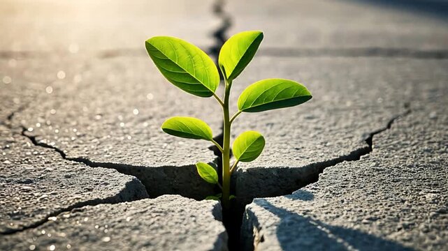 Green plant sprout growing through cracked asphalt or concrete. Concept of life overcoming adversity and determination.