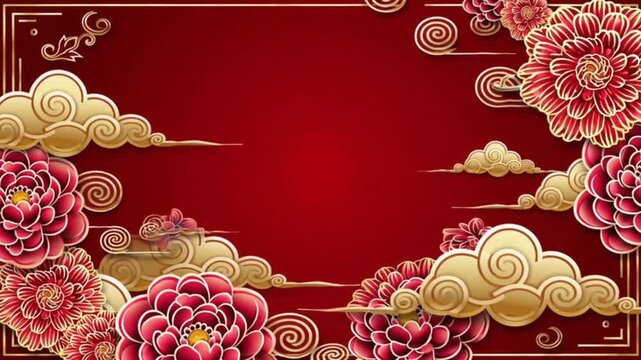 Chinese New Year, Happy new year, Traditional lunar year background with clouds and flowers. Seamless 4K loop video animation with copy space.
