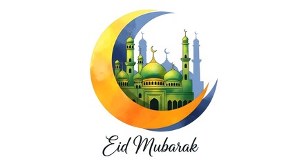 Naklejka premium Eid mubarak islamic celebration logo with mosque and crescent moon