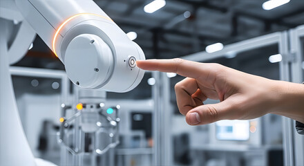 Robotics Touch Interaction: A close-up view capturing the precise moment a human finger interacts with the control panel of a robotic arm, set within an advanced industrial environment.