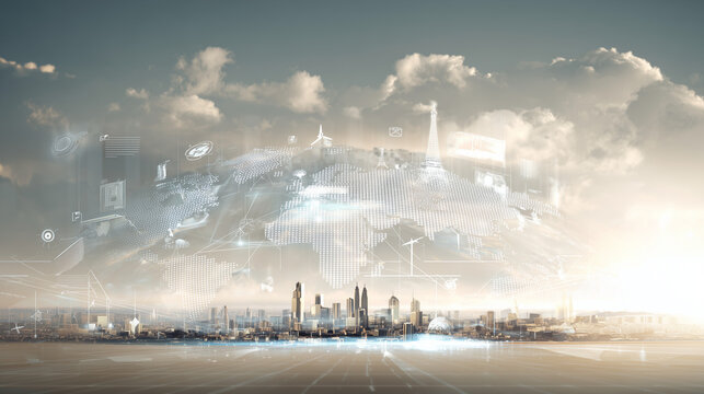 global esg strategy with digital world map over city skyline, abstract future infrastructure and sustainable urban development, holographic global business network template
