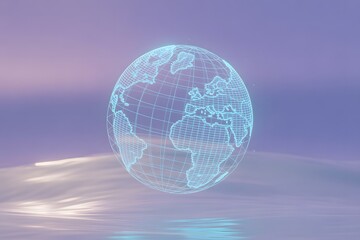 Naklejka premium A futuristic digital globe suspended above a tranquil horizon