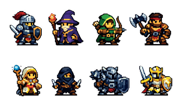 Pixel art warriors and wizards ensemble in fantasy costumes