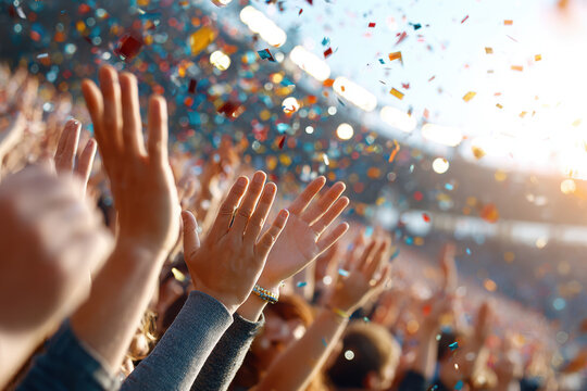 Crowd Cheering With Hands Raised And Falling Confetti At Event Celebration Party Concert Festival Or Sporting Event