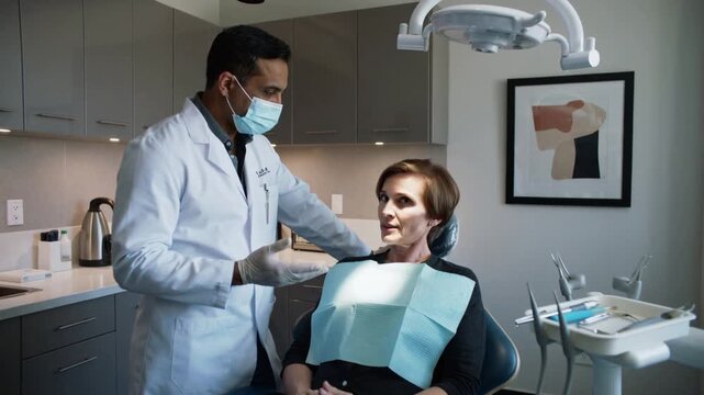 Approaching dentist placing gloved hand near patient wearing dental bib in operatory preparing exam