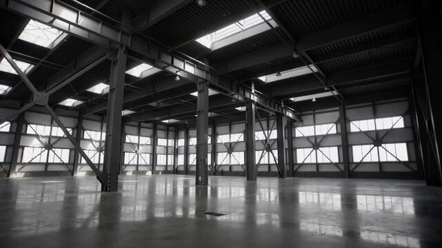 Shifting camera capturing empty warehouse interior for inspection, showing steel columns, skylights