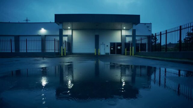 Showing loading bay reflecting in puddle at industrial yard, raindrops making ripples near bollards