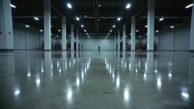 Sliding low camera moving forward over polished floor in warehouse to reveal debris