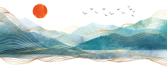 Abstract Mountain Landscape With Sun And Birds Modern Minimal Scenic Illustration © Pixora Creative