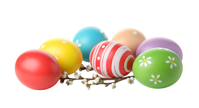 Colorful Easter Eggs with Willow Branch isolated on transparent background