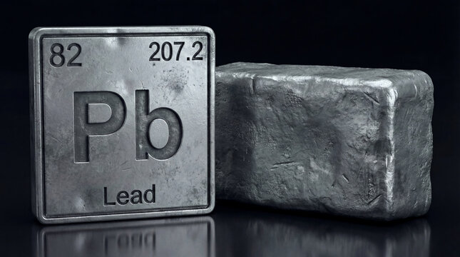A periodic table block for Lead, Pb, stands next to a heavy, metallic gray lead ingot on a dark reflective surface.