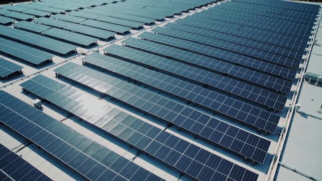 Moving camera capturing solar panel array on flat rooftop, sunlight sweeping glint across panels