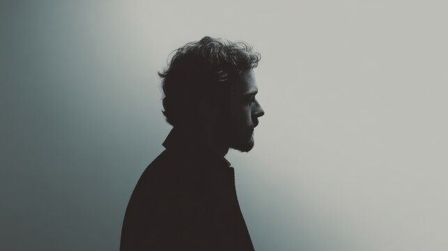 Profile view of a man standing against a plain background while looking to the side during a low light setting