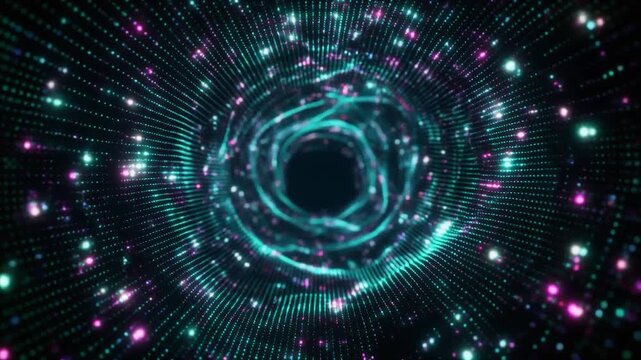 Abstract loop rotating tech mesh embedded particles slow zoom camera futuristic cinematic surreal ethereal ambience cascading softly glowing abstract unique style