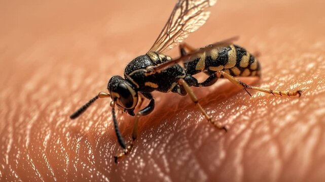 Macro side view of wasp on human skin, potential sting risk concept