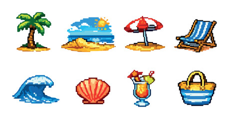Retro pixel art beach icons featuring palm tree shell and cocktail
