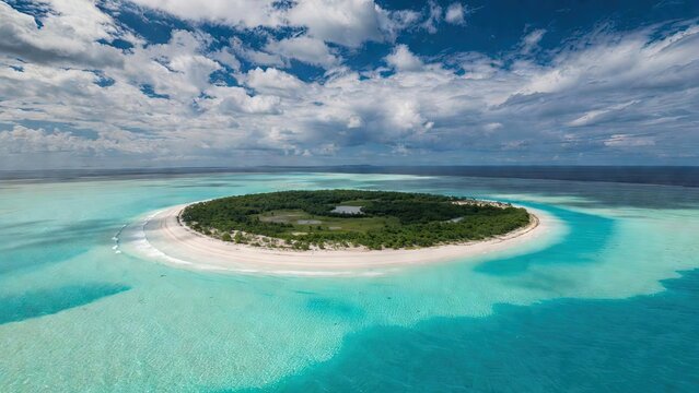 Tropical island aerial view, lush green circular atoll surrounded by turquoise ocean water, white sand beach in exotic paradise landscape