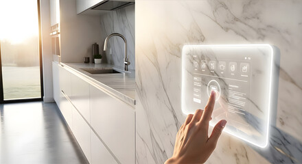 Smart Home Touch Control: A hand interacts with a sleek, glowing touch screen interface, managing the modern kitchen, showcasing innovation in home automation.