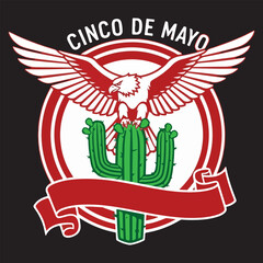 Fototapeta premium Cinco de Mayo Mexican Emblem Illustration with Eagle Perched on Cactus and Ribbon