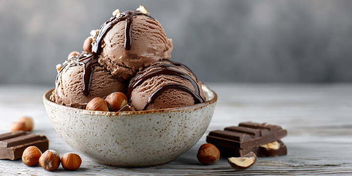 Delicious Chocolate Ice Cream Sundae: A close-up shot of a delectable chocolate ice cream sundae, boasting creamy scoops drizzled with chocolate sauce and a sprinkling of nuts.