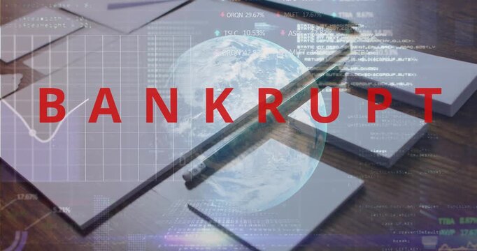 Globe fading in starting scene, BANKRUPT staying centered, charts scrolling, visualizing collapse