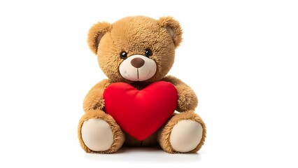 Fototapeta premium A cuddly teddy bear with brown fur, holding a vibrant red heart, set against a white backdrop