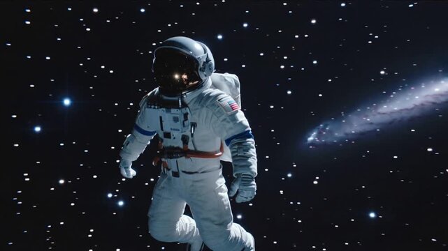 Drifting untethered astronaut in white EVA suit rotating in space, with PLSS backpack and galaxy