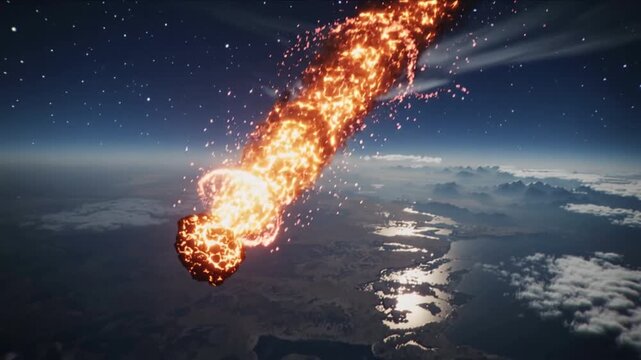 Entering atmosphere molten meteoroid brightening and shedding sparks over cloud deck toward horizon